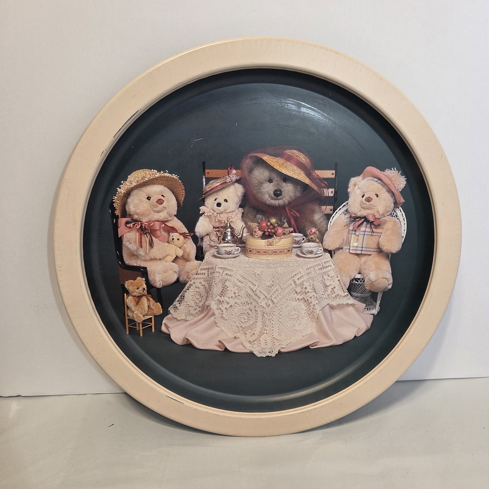 Vintage Teddy Bear Tea Party Round Wall Plaque - Pink Frame